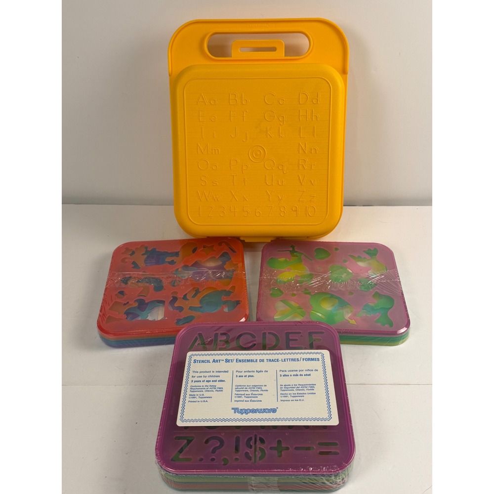 Vintage 1991 Tupperware Stencil Art Set Yellow Carrying Case & 17 NEW stencils